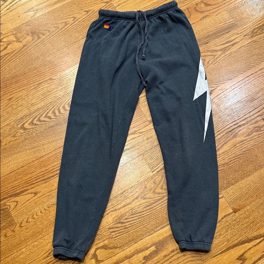 Aviator Nation Light Black Sweatpants with White Lightning Bolt